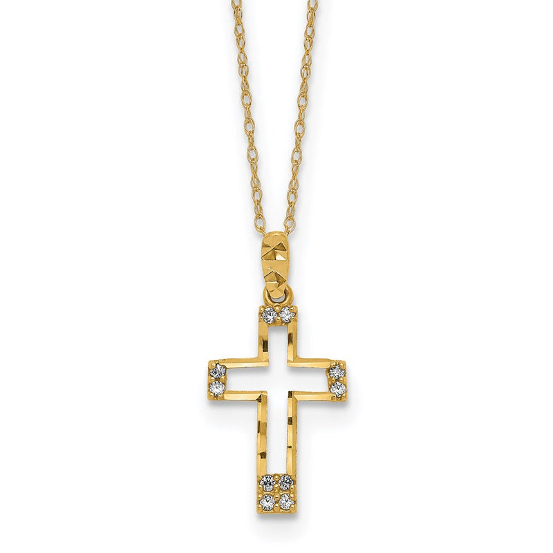 14K Gelbgold Poliert Zirkonia Kreuz Anhänger Halskette
