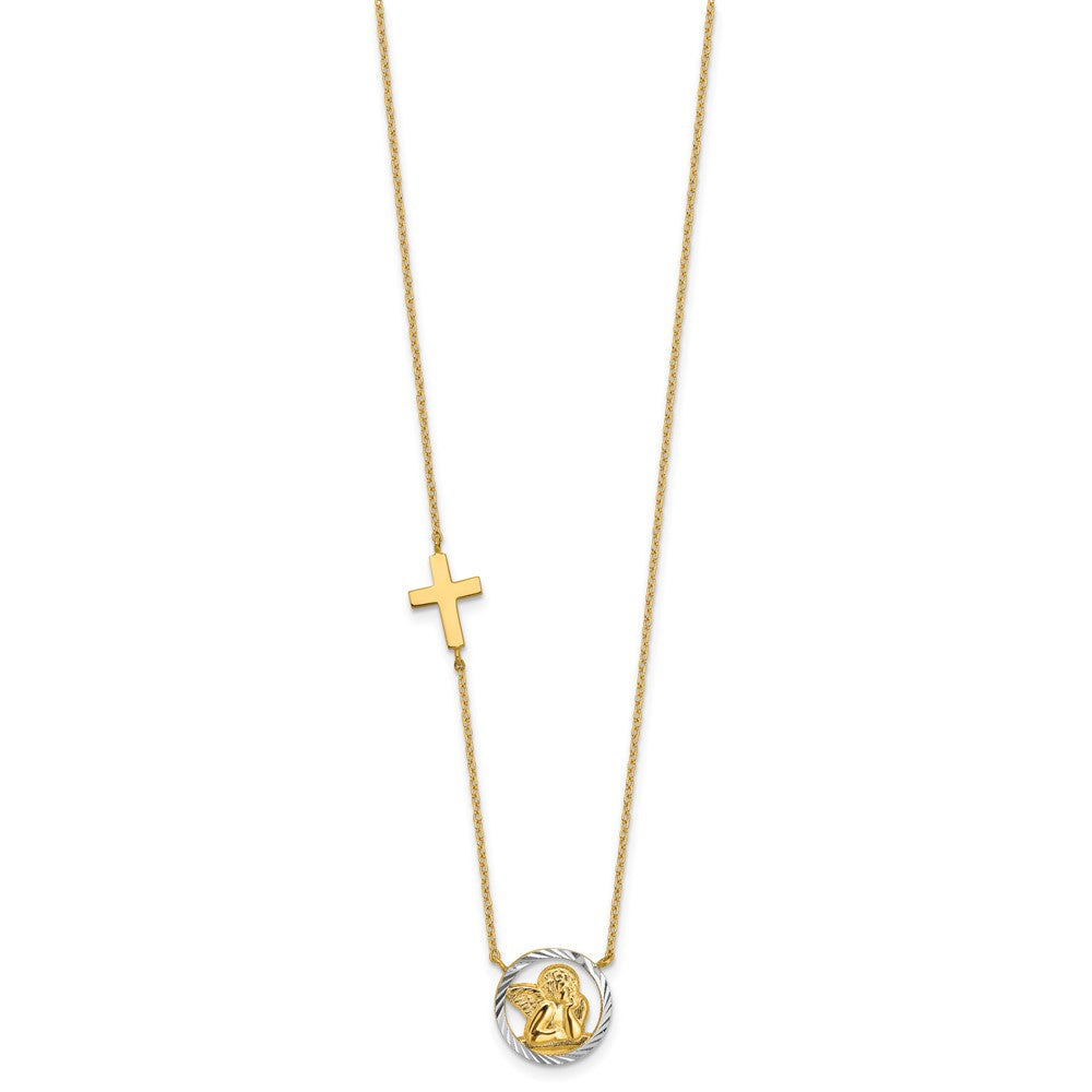 14K Gelb & Rhodium Rhodiniert Diamantiert Engel Kreuz Halskette
