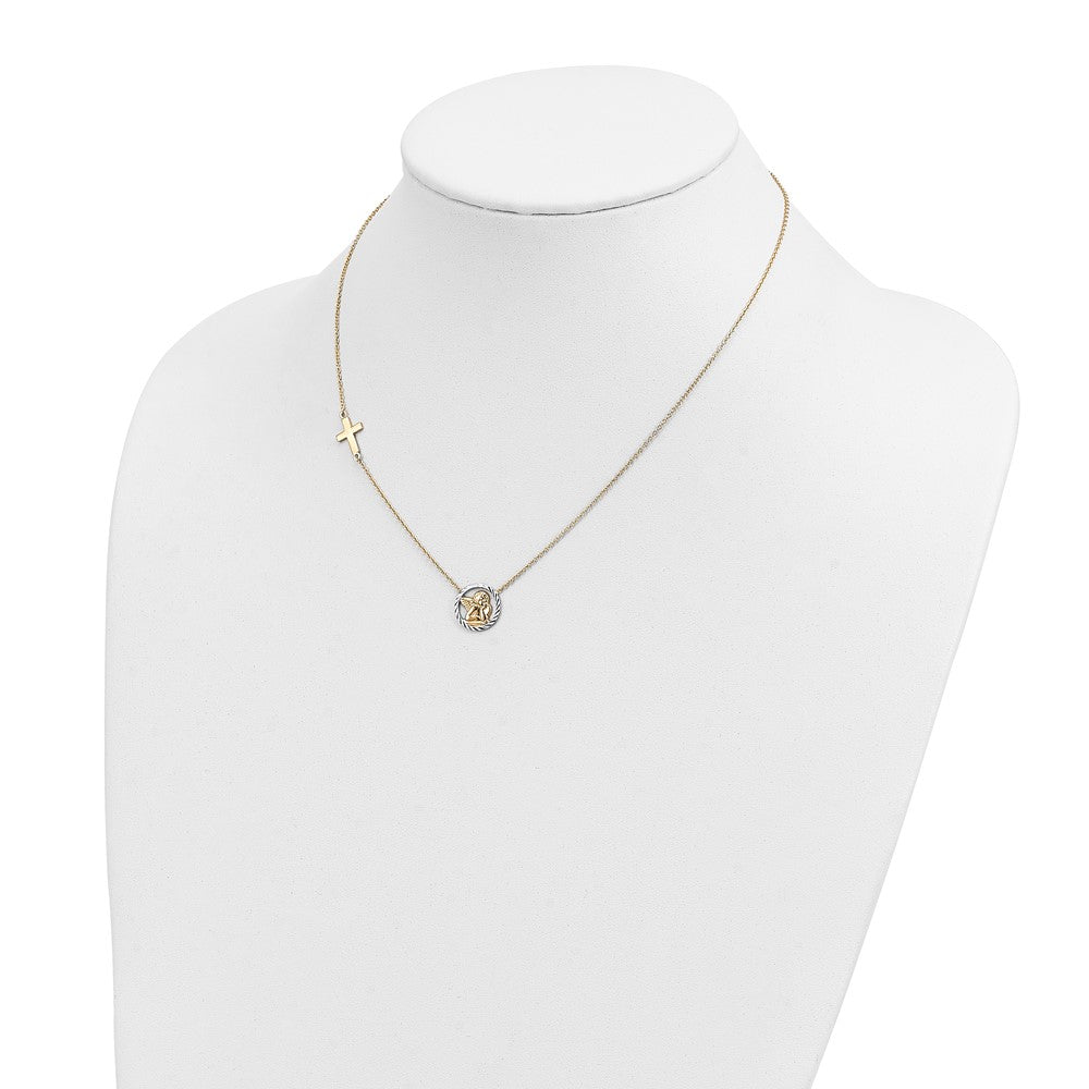 14K Gelb & Rhodium Rhodiniert Diamantiert Engel Kreuz Halskette