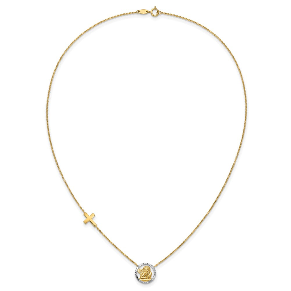 14K Gelb & Rhodium Rhodiniert Diamantiert Engel Kreuz Halskette