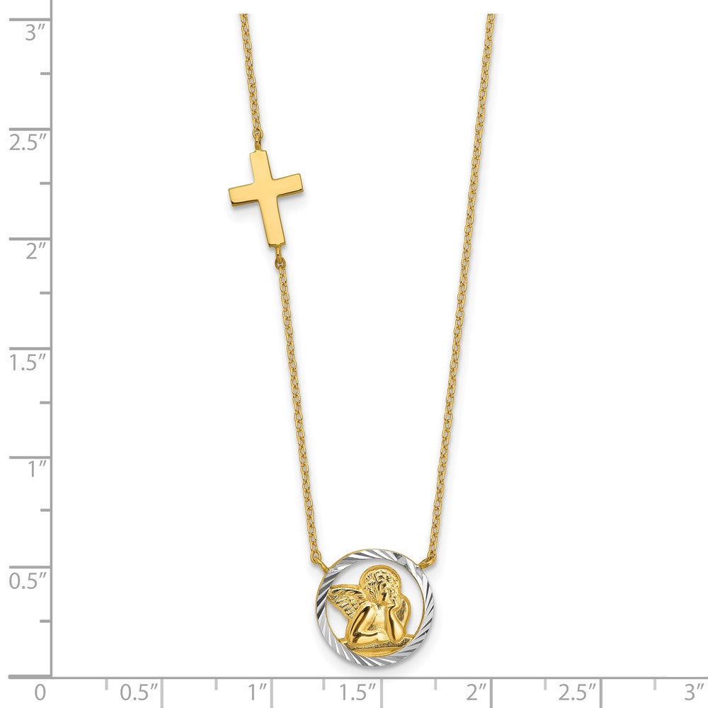 14K Gelb & Rhodium Rhodiniert Diamantiert Engel Kreuz Halskette