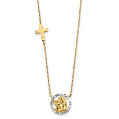 14K Gelb & Rhodium Rhodiniert Diamantiert Engel Kreuz Halskette