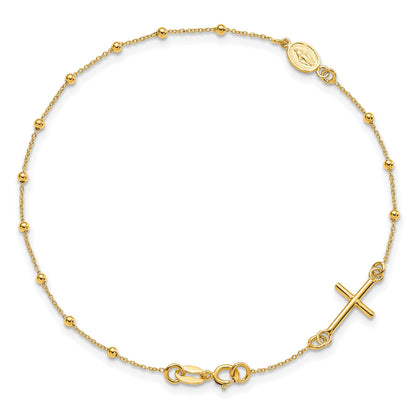 14K Gelbgold Poliert Kreuz Rosenkranz 7.5 Zoll Armband