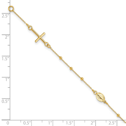 14K Gelbgold Poliert Kreuz Rosenkranz 7.5 Zoll Armband