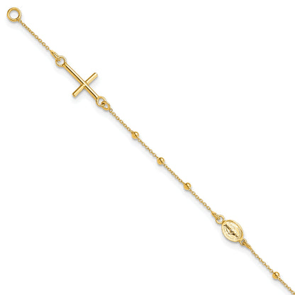 14K Gelbgold Poliert Kreuz Rosenkranz 7.5 Zoll Armband