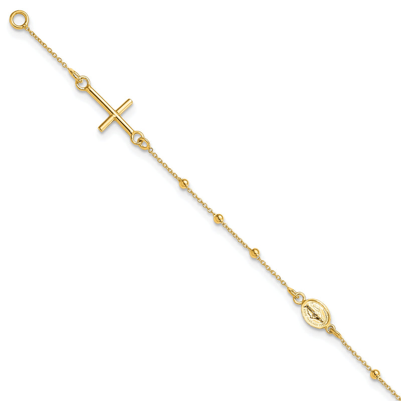 14K Gelbgold Poliert Kreuz Rosenkranz 7.5 Zoll Armband
