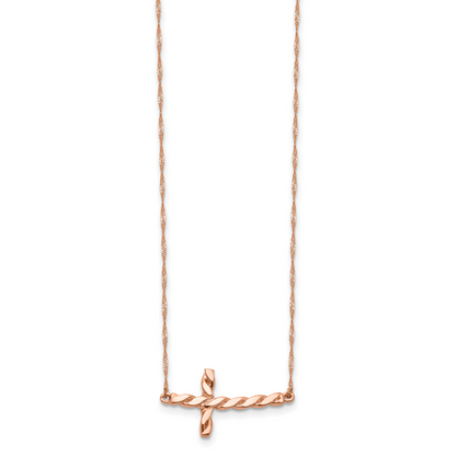 14K Roségold Poliert Gedreht Seitlich Kreuz 17 Zoll Halskette