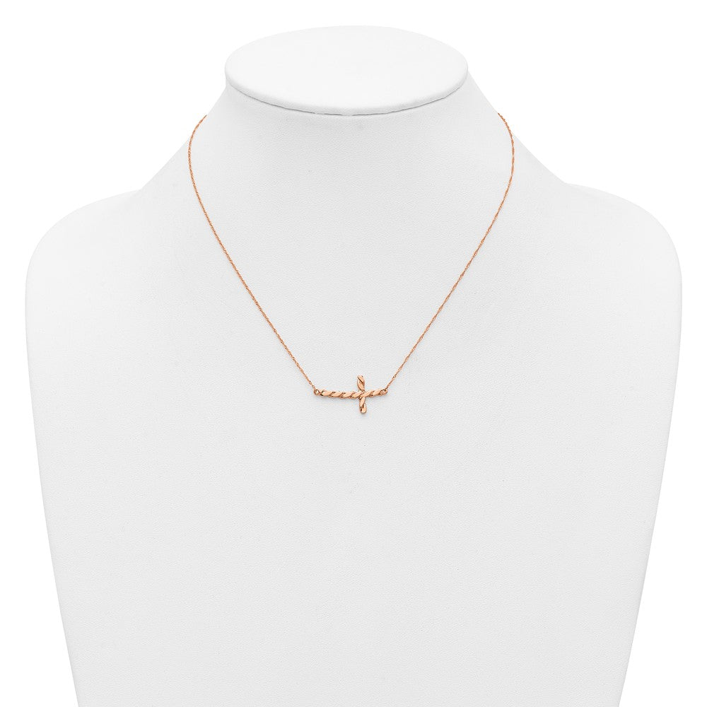 14K Roségold Poliert Gedreht Seitlich Kreuz 17 Zoll Halskette