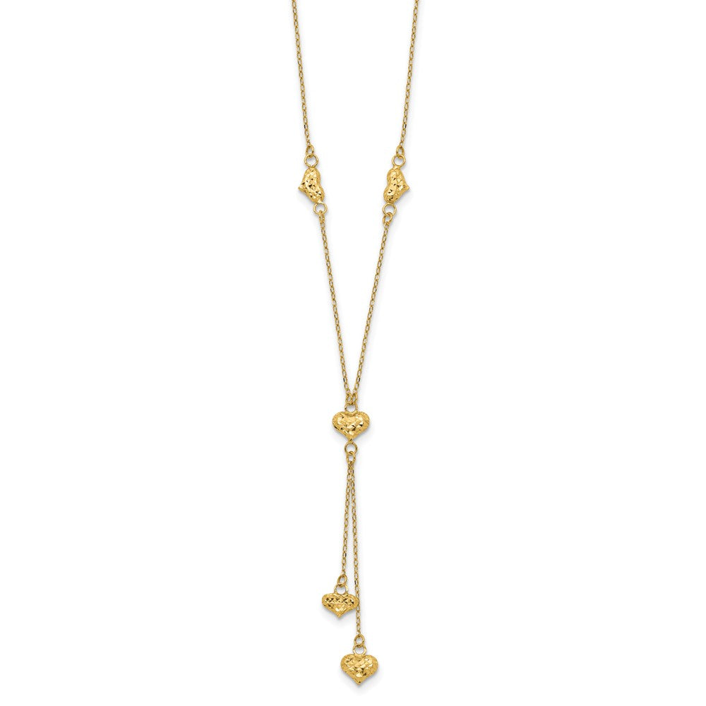14K Gelbgold Poliert Diamantiert Gewölbt Herzen mit 2 Zoll Verlängerung. Y-necklace