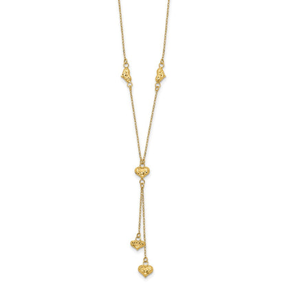 14K Gelbgold Poliert Diamantiert Gewölbt Herzen mit 2 Zoll Verlängerung. Y-necklace