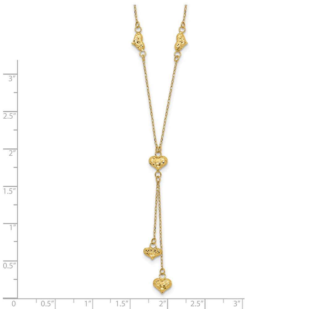 14K Gelbgold Poliert Diamantiert Gewölbt Herzen mit 2 Zoll Verlängerung. Y-necklace