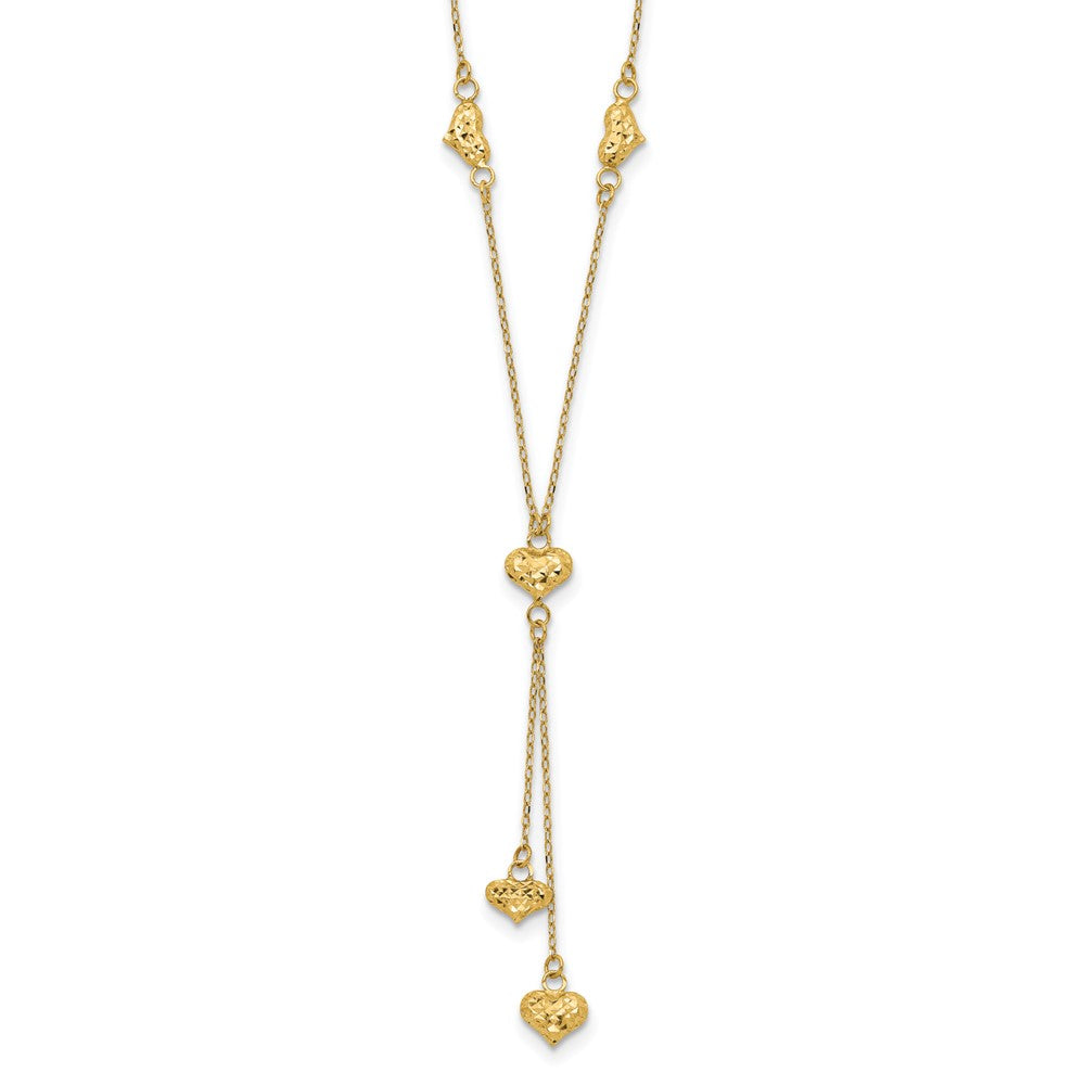 14K Gelbgold Poliert Diamantiert Gewölbt Herzen mit 2 Zoll Verlängerung. Y-necklace