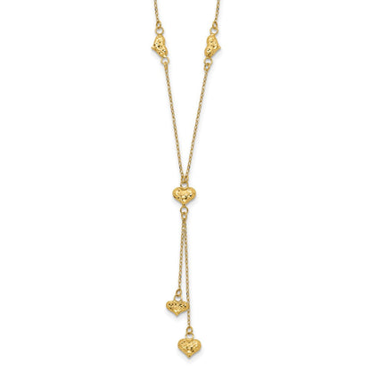 14K Gelbgold Poliert Diamantiert Gewölbt Herzen mit 2 Zoll Verlängerung. Y-necklace