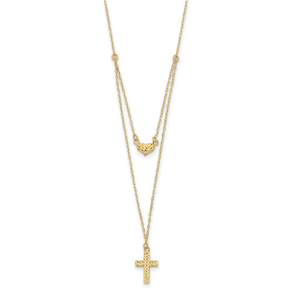 14K Gelbgold Poliert 2-strand Diamantiert Kreuz & Herz mit 2 Zoll. Verlängerung. Halskette