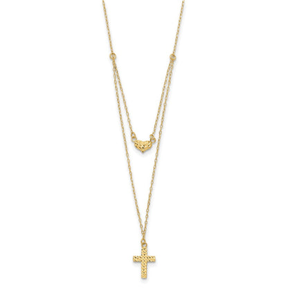 14K Gelbgold Poliert 2-strand Diamantiert Kreuz & Herz mit 2 Zoll. Verlängerung. Halskette