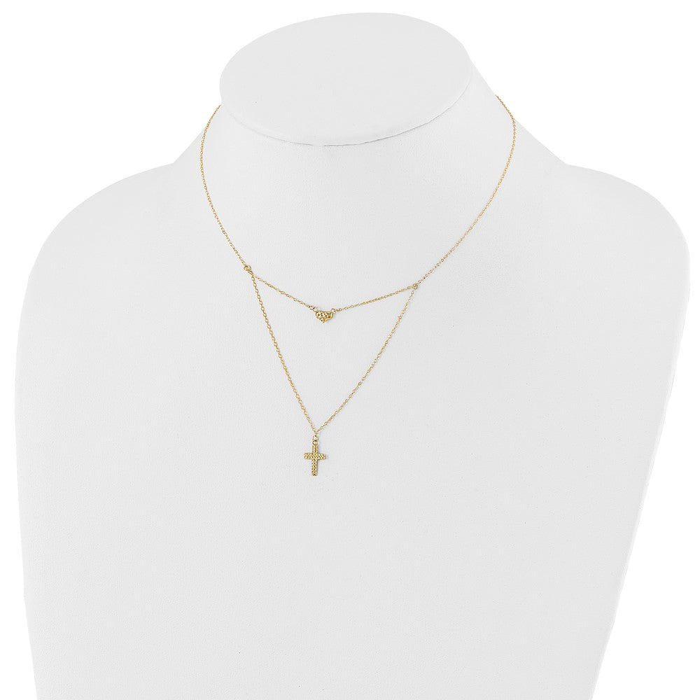 14K Gelbgold Poliert 2-strand Diamantiert Kreuz & Herz mit 2 Zoll. Verlängerung. Halskette