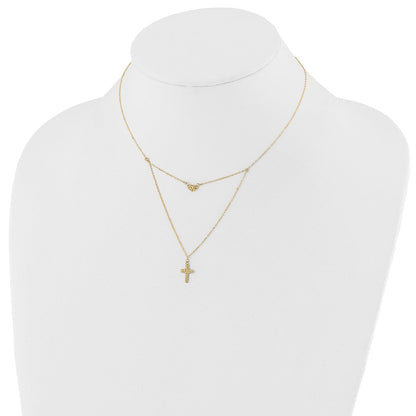 14K Gelbgold Poliert 2-strand Diamantiert Kreuz & Herz mit 2 Zoll. Verlängerung. Halskette