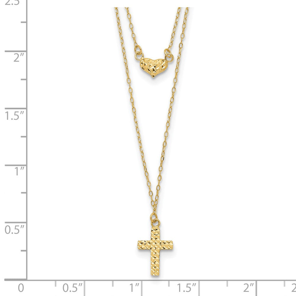 14K Gelbgold Poliert 2-strand Diamantiert Kreuz & Herz mit 2 Zoll. Verlängerung. Halskette