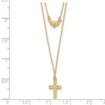 14K Gelbgold Poliert 2-strand Diamantiert Kreuz & Herz mit 2 Zoll. Verlängerung. Halskette