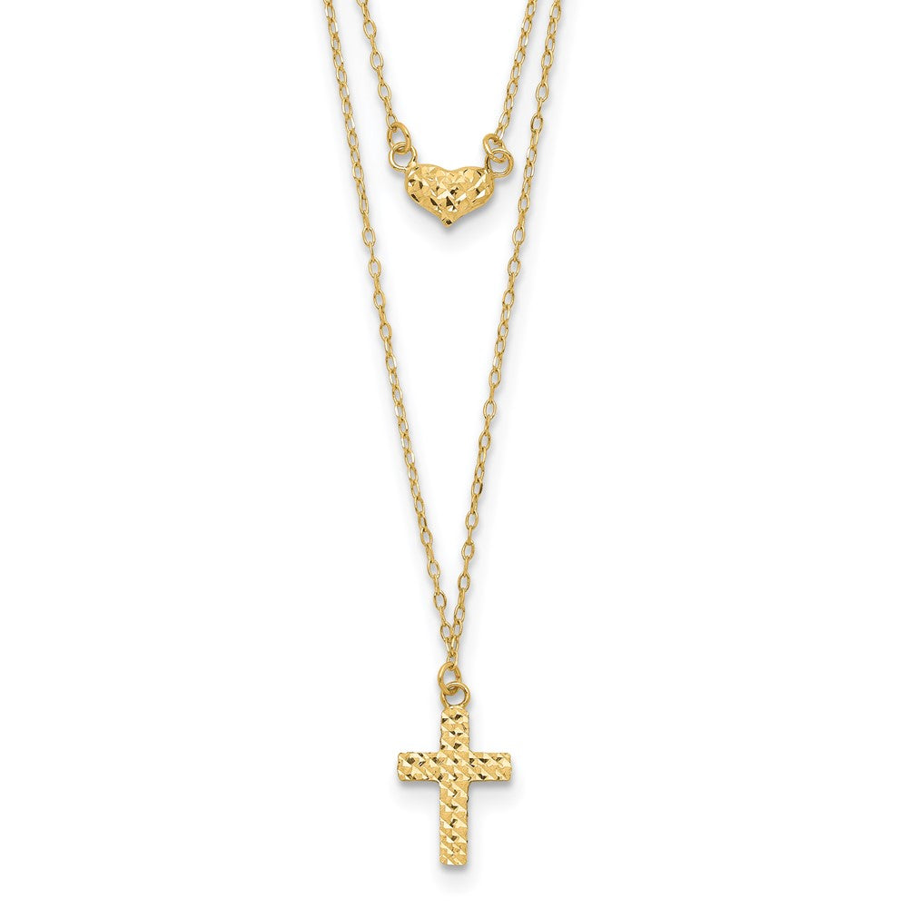 14K Gelbgold Poliert 2-strand Diamantiert Kreuz & Herz mit 2 Zoll. Verlängerung. Halskette