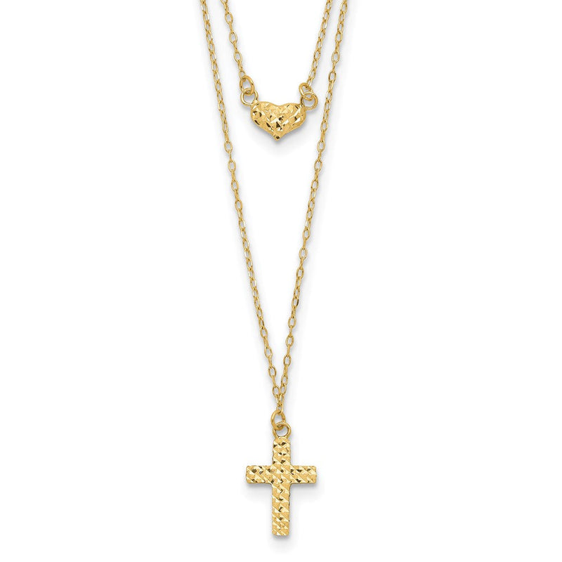 14K Gelbgold Poliert 2-strand Diamantiert Kreuz & Herz mit 2 Zoll. Verlängerung. Halskette