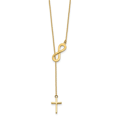 14K Gelbgold Poliert Unendlichkeit & Kreuz Lariat Halskette