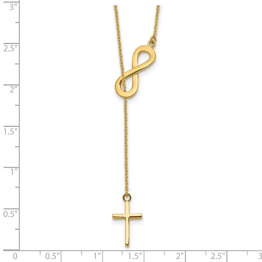 14K Gelbgold Poliert Unendlichkeit & Kreuz Lariat Halskette