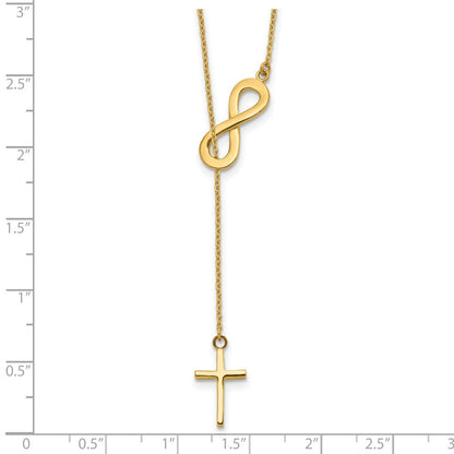 14K Gelbgold Poliert Unendlichkeit & Kreuz Lariat Halskette