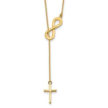 14K Gelbgold Poliert Unendlichkeit & Kreuz Lariat Halskette