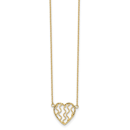 14K Gelbgold Poliert Satiniert und Diamantiert Herz 18 Zoll Halskette