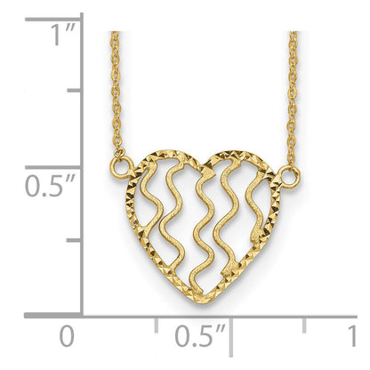 14K Gelbgold Poliert Satiniert und Diamantiert Herz 18 Zoll Halskette