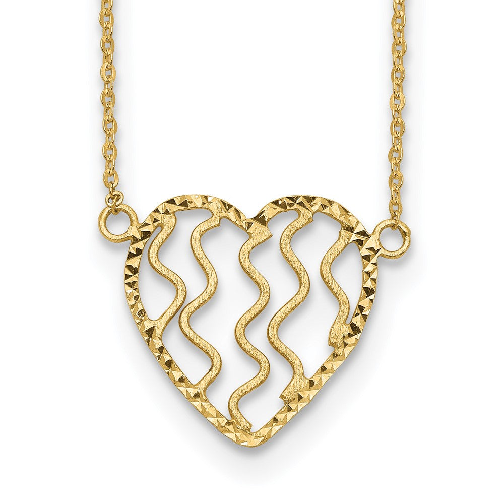 14K Gelbgold Poliert Satiniert und Diamantiert Herz 18 Zoll Halskette