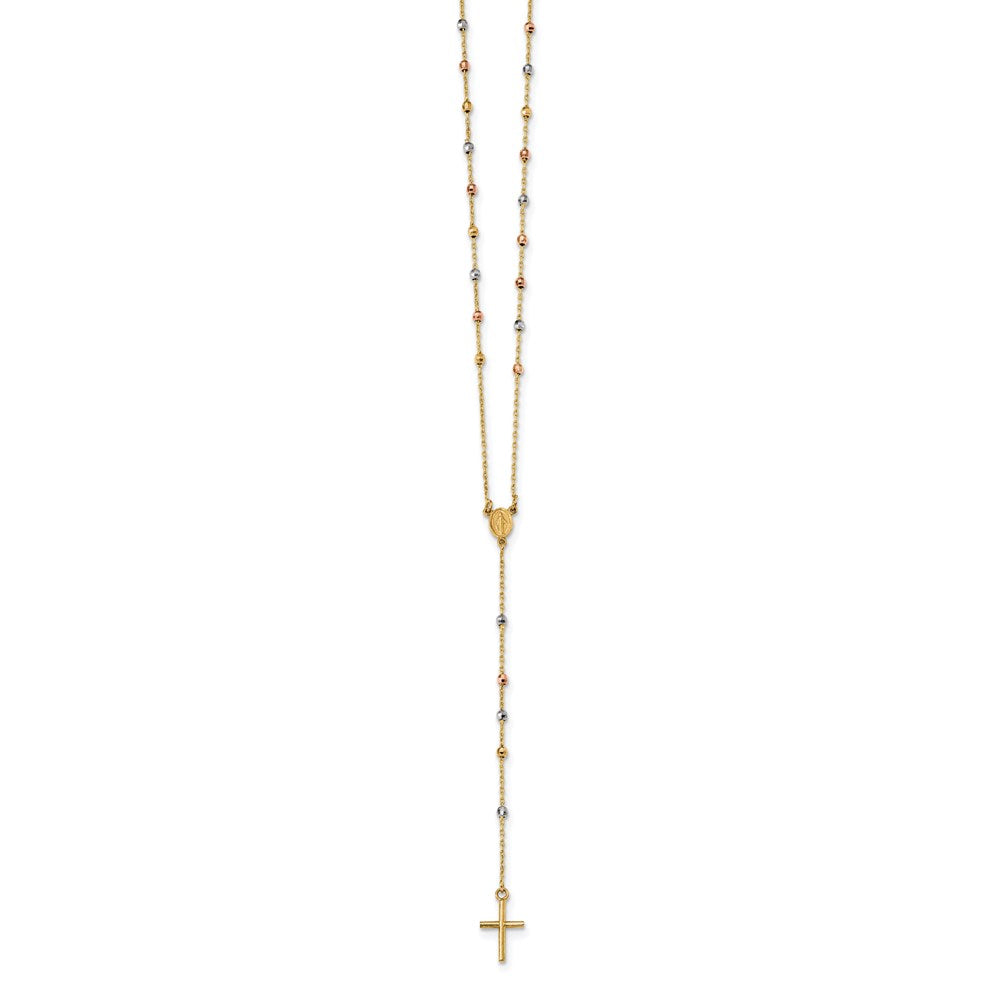 14K Tricolor Poliert Perle Rosenkranz Hohl Wundertätig Medaille 24 Zoll Halskette