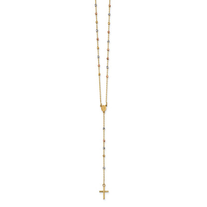 14K Tricolor Poliert Perle Rosenkranz Hohl Wundertätig Medaille 24 Zoll Halskette