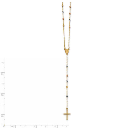 14K Tricolor Poliert Perle Rosenkranz Hohl Wundertätig Medaille 24 Zoll Halskette