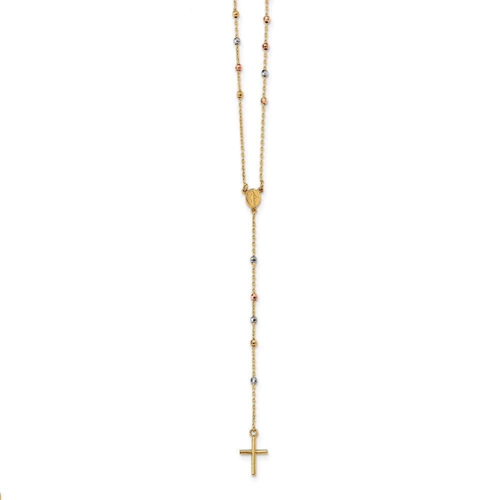 14K Tricolor Poliert Perle Rosenkranz Hohl Wundertätig Medaille 24 Zoll Halskette