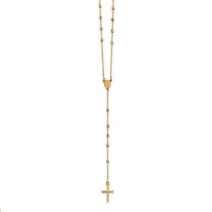 14K Tricolor Poliert Perle Rosenkranz Hohl Wundertätig Medaille 24 Zoll Halskette