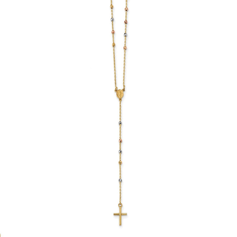 14K Tricolor Poliert Perle Rosenkranz Hohl Wundertätig Medaille 24 Zoll Halskette