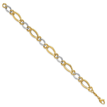 14K Bicolor Poliert & Strukturiert Fantasie Oval Panzer Gliederarmband