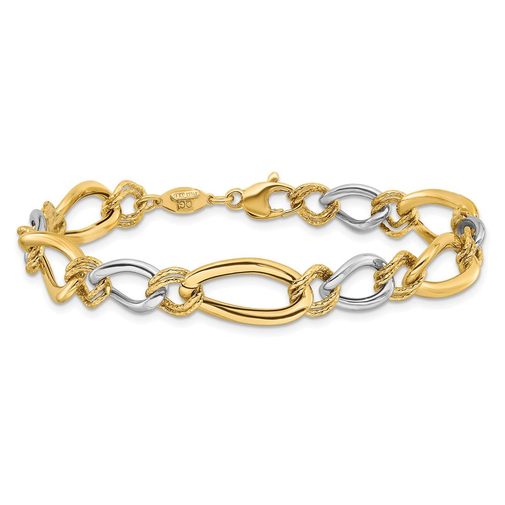 14K Bicolor Poliert & Strukturiert Fantasie Oval Panzer Gliederarmband