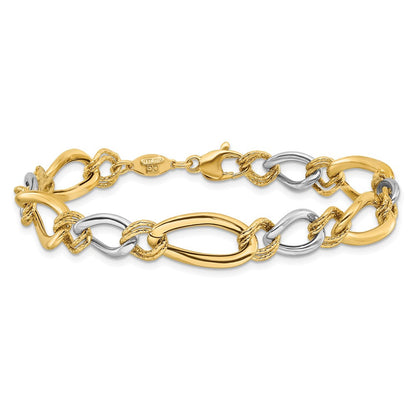 14K Bicolor Poliert & Strukturiert Fantasie Oval Panzer Gliederarmband