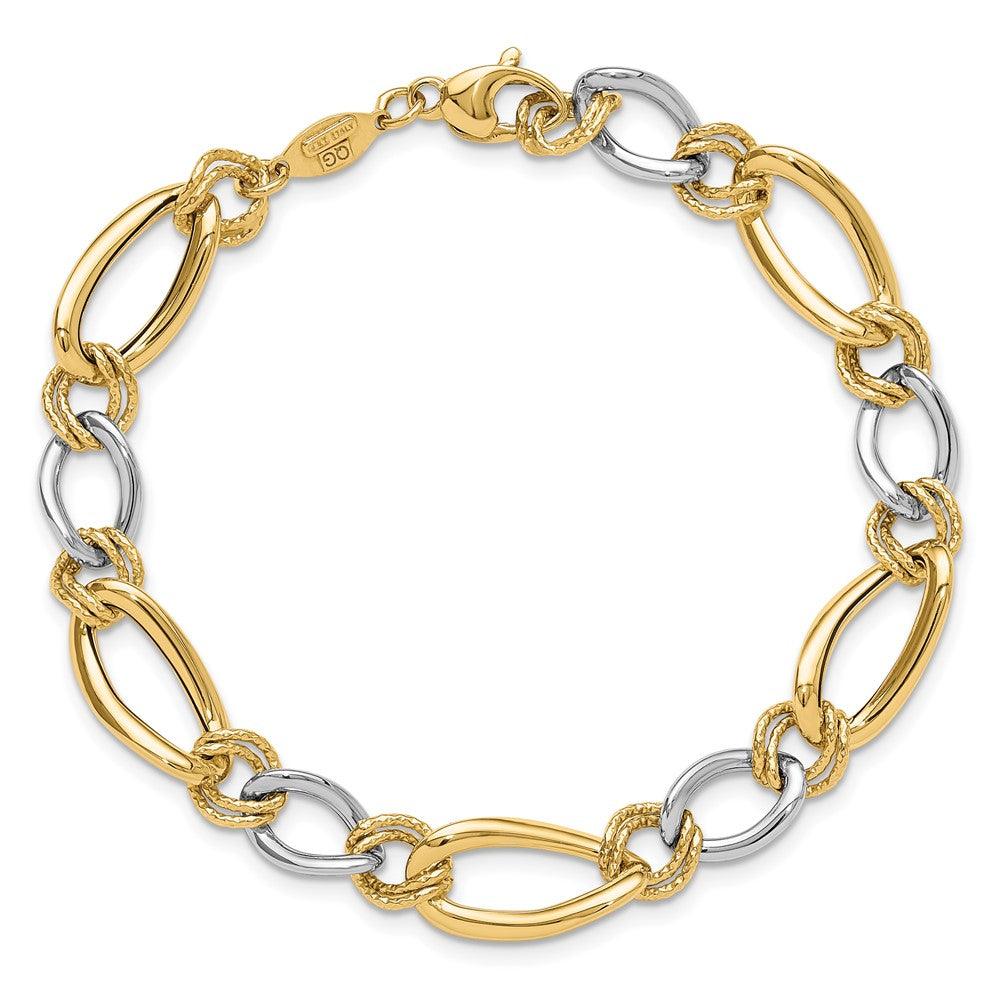 14K Bicolor Poliert & Strukturiert Fantasie Oval Panzer Gliederarmband