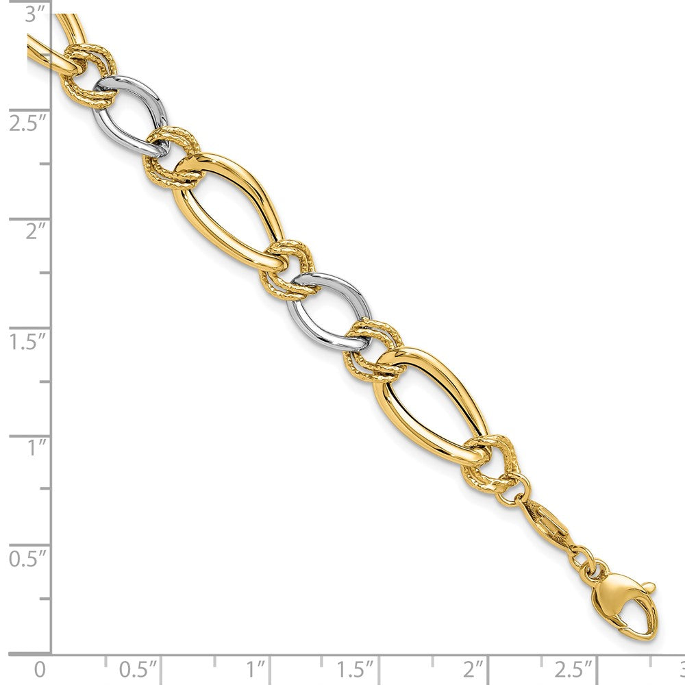 14K Bicolor Poliert & Strukturiert Fantasie Oval Panzer Gliederarmband