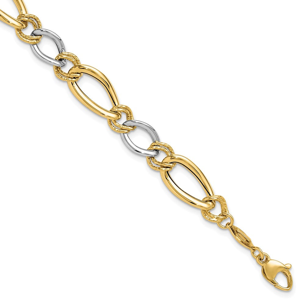 14K Bicolor Poliert & Strukturiert Fantasie Oval Panzer Gliederarmband