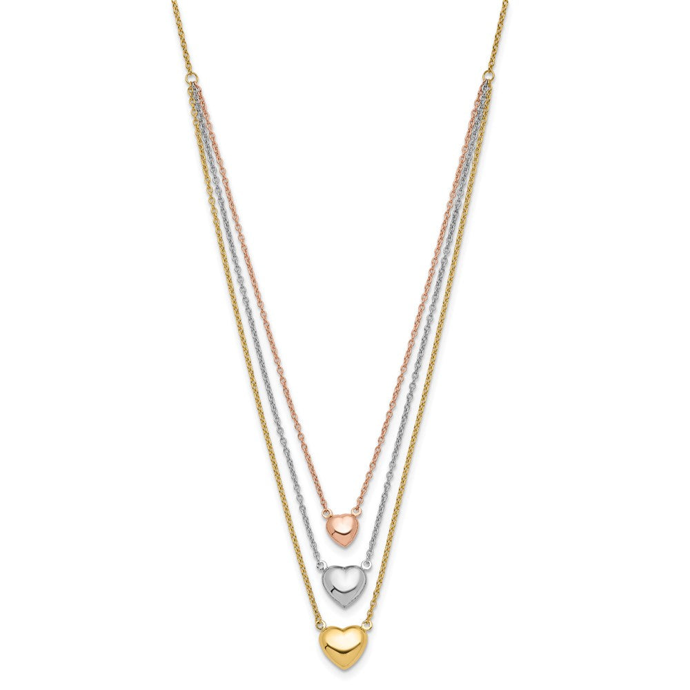 14K Tricolor Drei Herz mit 1 Zoll Verlängerung. Halskette