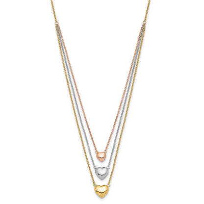 14K Tricolor Drei Herz mit 1 Zoll Verlängerung. Halskette