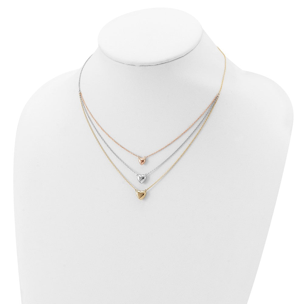 14K Tricolor Drei Herz mit 1 Zoll Verlängerung. Halskette