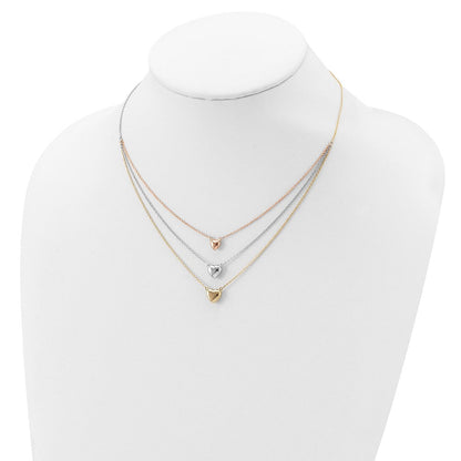 14K Tricolor Drei Herz mit 1 Zoll Verlängerung. Halskette
