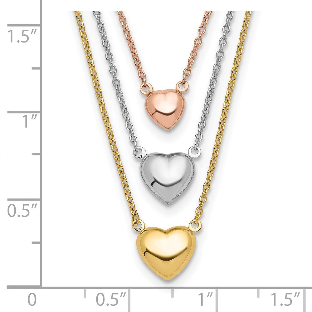 14K Tricolor Drei Herz mit 1 Zoll Verlängerung. Halskette
