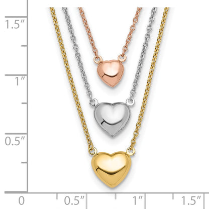 14K Tricolor Drei Herz mit 1 Zoll Verlängerung. Halskette